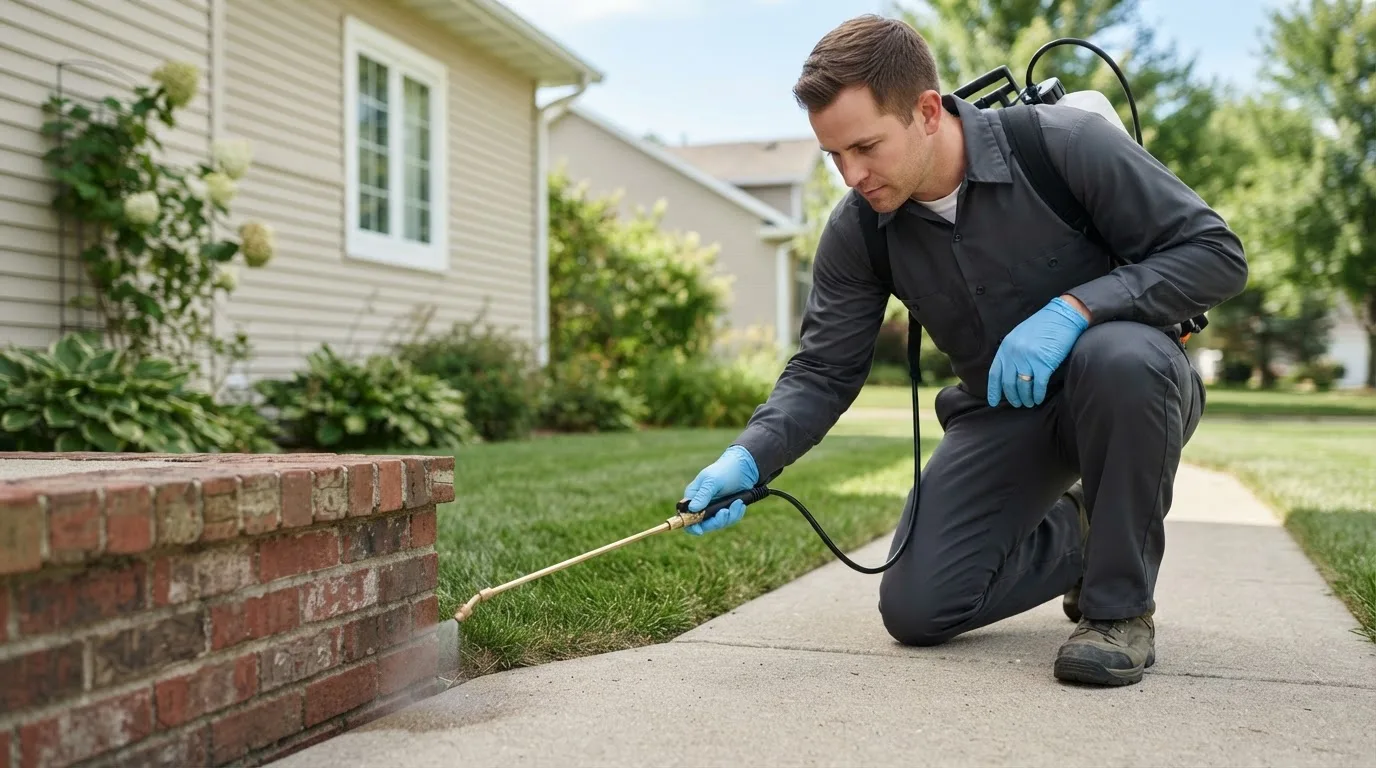 Pest control technician treating a home near Curtice, OH